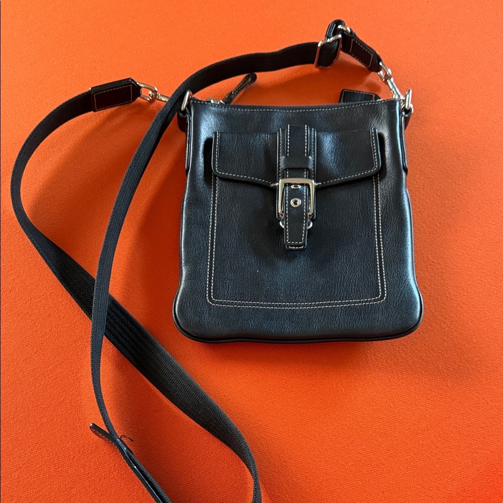 Coach Black Leather Crossbody Bag with Buckle Accent